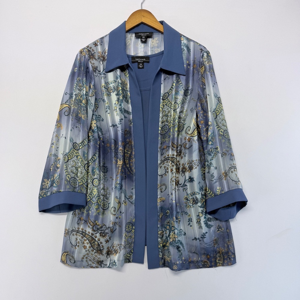 R&M Richards Woman Blue Paisley Metallic Pleated Jacket and Tank Set 14W USA